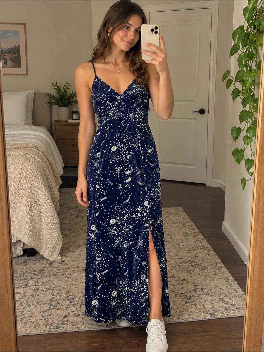 Urban Outfitters NWOT Celestial Velvet Midi Dress Small Midnight Blue Side Slit